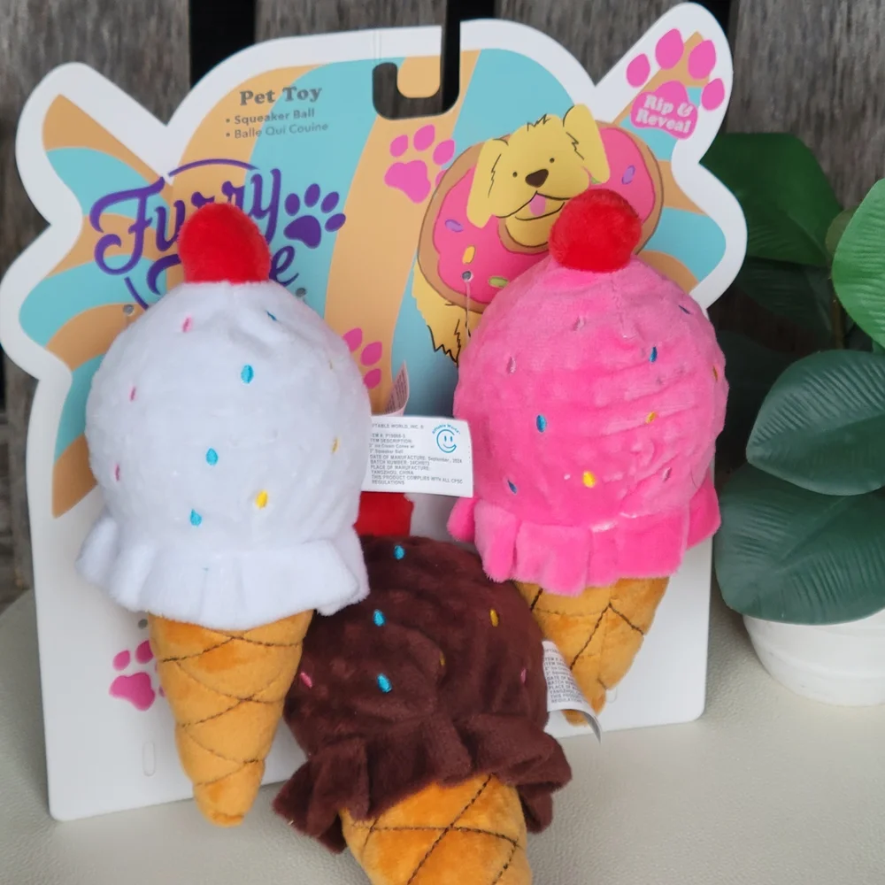 Plush & Squeak Ice Cream Cone Dog Toys - Pink, White, Brown